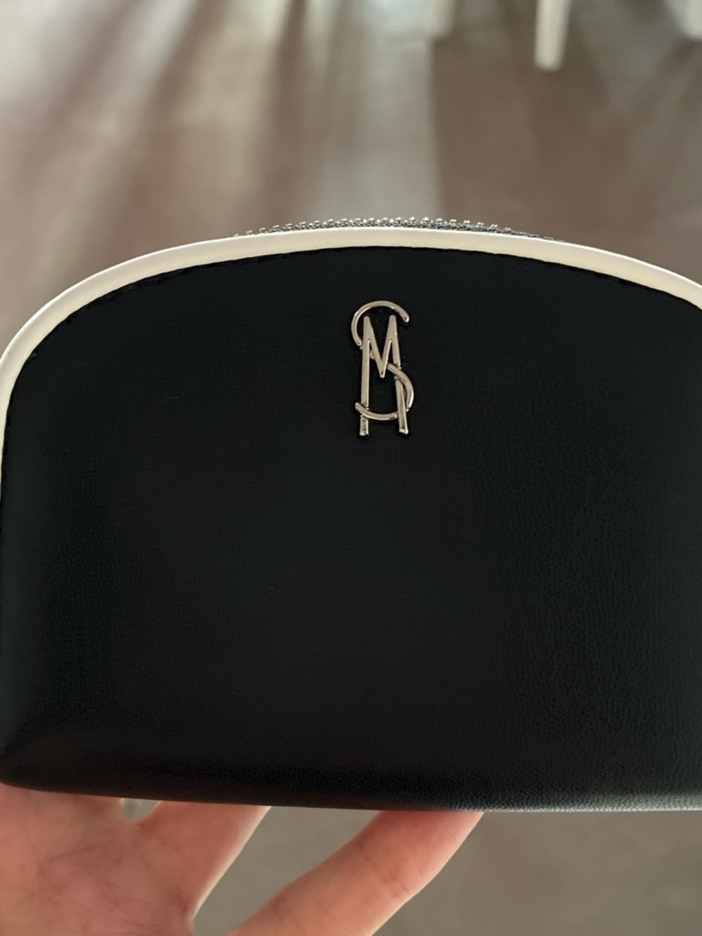 Black and White Women’s Cosmetic Pouch with Silver Monogram Accent